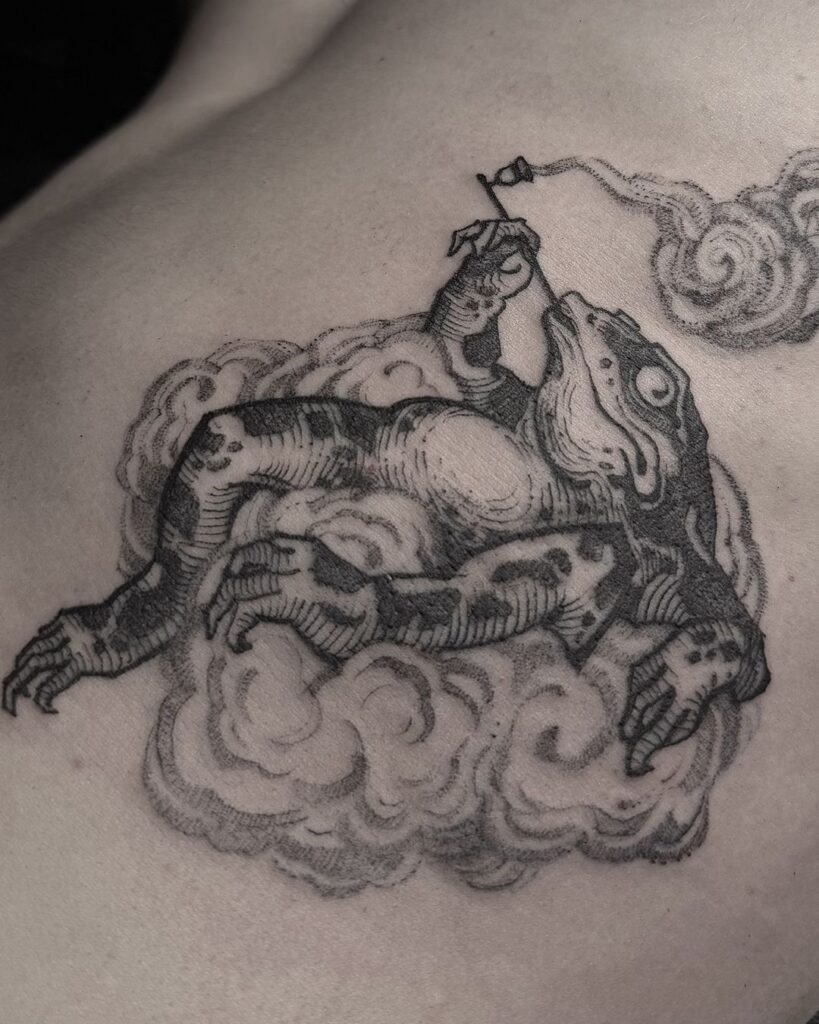 Černobílé tetování - žába která kouří